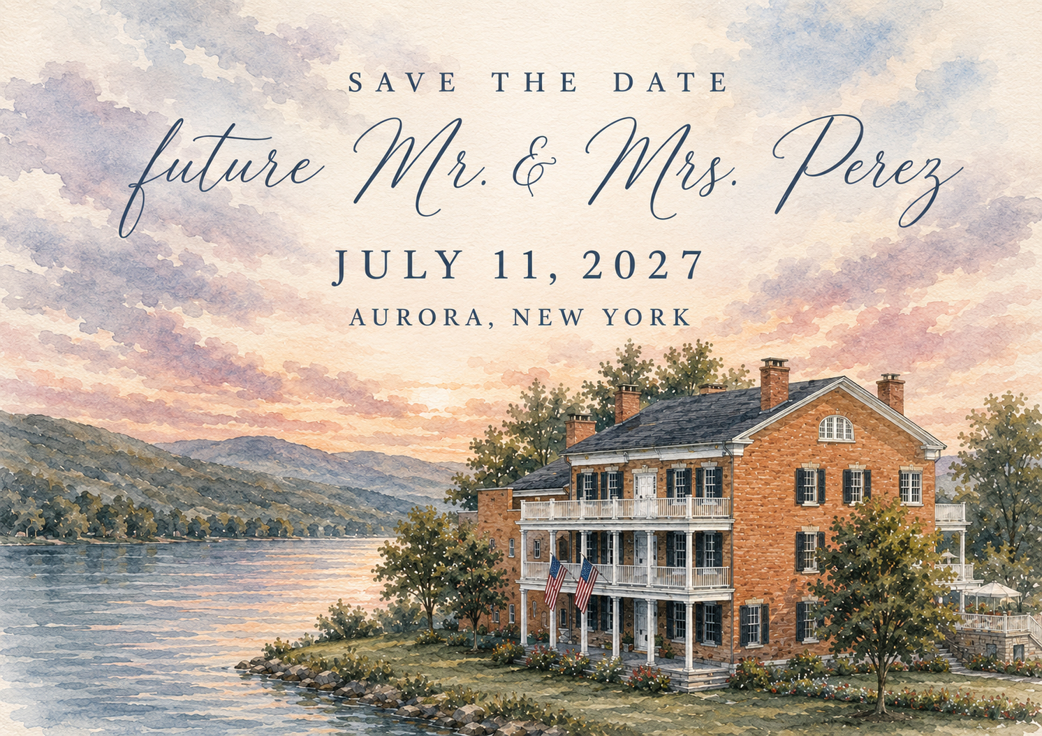Save the Date. Future Mr. and Mrs. Perez. July 11, 2027. Aurora, New York.
